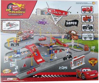 HALO NATION Cars McQueen Racing Track McQueen Multi-Level Garage Slot Racing Track Toy with 4 McQueen Cars, Signages -50 pcs Grand Prix Toys Racing Track