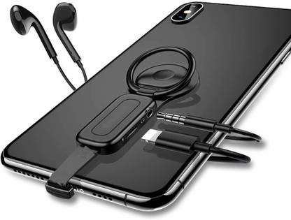 punix Black Lightening to 3.5mm Headphone Charge Adapter USB Lightning Aux Charger Audio Jack Charging Cable Splitter Converter With Mobile Back Ring Holder Phone Converter