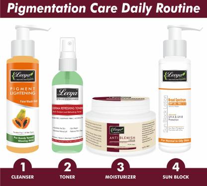 Leeya PIGMENTATION CARE DAILY ROUTINE WITH 1 PIGMENT LIGHTENING FACE WASH GEL 100 ml, 1 ALCOHOL DERMA REFRESHING TONER 100ml, 1 PIGMENTATION LIGHTENING CREAM 40gm, 1 SUN BLOCK MATTE FINISH LOTION 100 gm