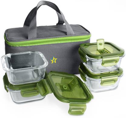SMARTBUY H29 Borosilicate Glass Lunch Box - Microwavable, AirVent Lid, Premium Carry Bag, Square Shape 4 Containers Lunch Box