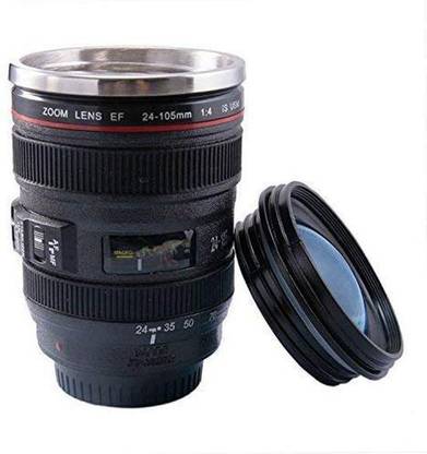 DARBAR ONLINE Camera Lens Coffee Flask with Cookie Holder, Black Plastic Coffee Mug