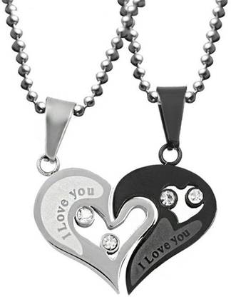 SILVOSWAN Valentine Day Gift for Girlfriend and Boyfriend Heart Couple Pendant / Locket for Girls and Boys Platinum Stainless Steel, Brass Pendant Set