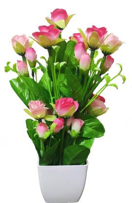 BK Mart Imported Beautiful Pink Rose Flower bunch For home Decor Office Decor - 12 Flower Sticks Pink Rose Artificial Flower  with Pot