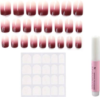 Creative Fingers 24 Pcs Red White Designed Press on False Nails With Glue Sticker Multicolour