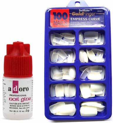 SellRider Imported Best Quality Artificial Gold Finger Empress Curve 100 Tips Fake Nails with Glue white