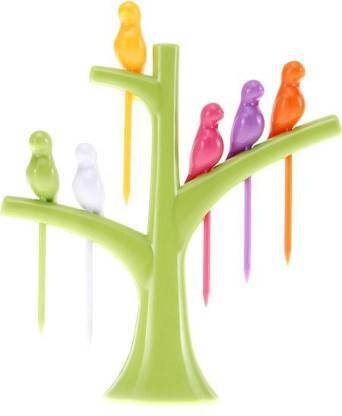 Suvagiya CHIDIYA Bird Fruit Fork Set with Tree Stand (with Box) (Set of 6) Disposable Plastic Fruit Fork