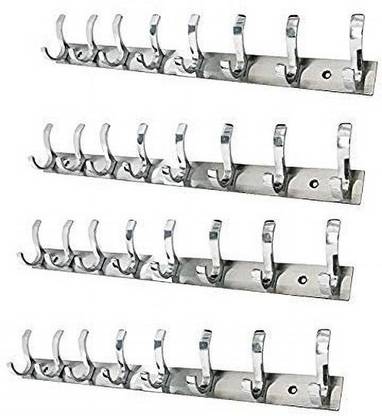 Aone Pack of 4 Stainless Steel Premium Fescue Dual Edge 8 pin Cloth Hanger Bathroom Wall Door Hooks For Hanging keys,Clothes 8 - Pronged Hook Rail (Silver Pack of 4) Hook Rail 8