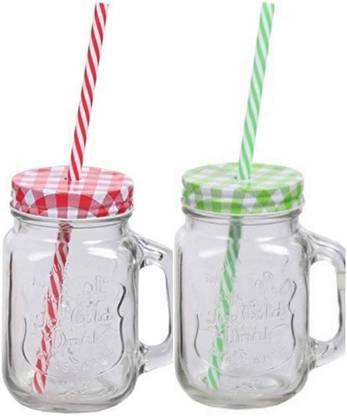 Biz International Glass Mason Jar with Straw and Handle, 500ml, 2-Piece (Transparent) Glass Mason Jar
