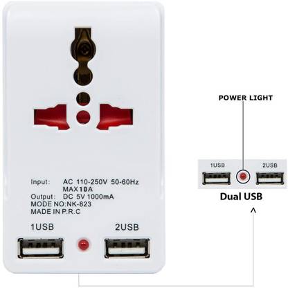 HI-PLASST Dual USB Charger with 3 Pin Universal Socket and 2 Pin Socket Worldwide Adaptor