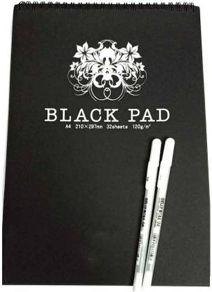 PREMIUM QUALITY A4 BLACK PAPER SKETCH BOOK WITH WHITE GEL PEN A4 Diary UNRULED 32 Pages