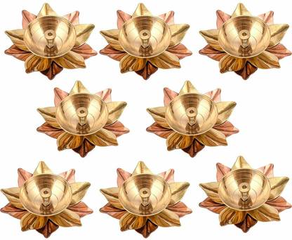 Metal World lotus shape Akhand flower patti n diya width 4 inch set of 2 pcs Brass, Copper (Pack of 8) Table Diya Set