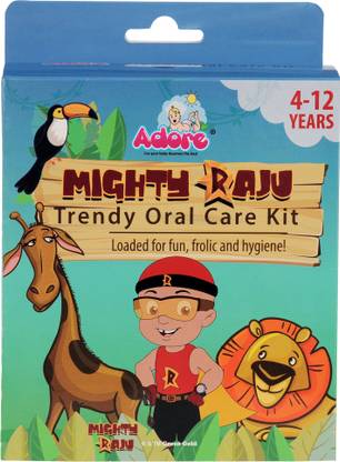 Adore Mighty Raju Trendy OralCare Kit - 1 Pop Up Toothbrush - 1 Candy Swirl Tongue cleaner - 2 Minutes sand timer