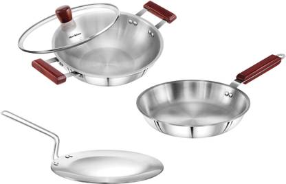 Hawkins Triply Stainless Steel Frying Pan 26 cm without Lid, Kadhai 2.5 Ltr with Lid, Tawa 26 cm Induction Bottom Cookware Set
