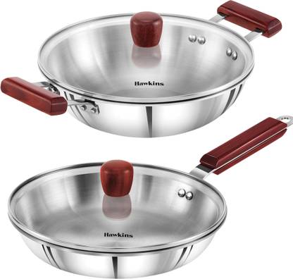 Hawkins Triply 3 mm Extra-Thick Stainless Steel Frying Pan 22 cm with Lid and Kadhai 1.5 Ltr with Lid Induction Bottom Cookware Set