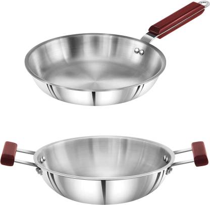 HAWKINS Triply 3 mm Extra-Thick Stainless Steel Frying Pan 26 cm without  Lid and Kadhai 2.5 Ltr without Lid Induction Bottom Cookware Set