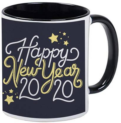 COLOR YARD best happy new year 2020 multi color text design on black inside handle on Ceramic Coffee Mug