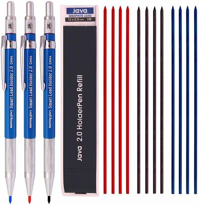 Morning Glory 2.0 mm Lead Holder Pen Mechanical Pencil for Draft Drawing,Carpenter,Crafting, Art Sketching Sharpener (Pack of 3 Pens) + (2.0mm Hb Lead 1 Tube-Red 4+Blue 4 + Black 4=12 ) Box packing [CAT_6252] Pencil