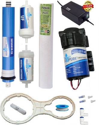 AquaDpure 100 GPD Booster Pump with RO service kit 80 GPD membrane & Mineral cartridge Solid Filter Cartridge