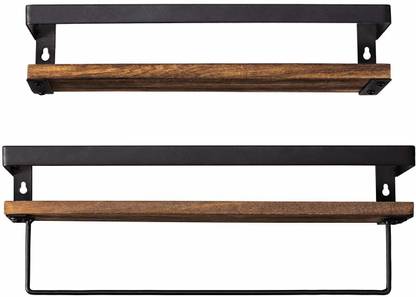 MFS Craft World Bathroom Storage Shelf Wall Mounted Set of 2,Rustic Wood Floating Shelves with Removable Towel Bar,Perfect for Kitchen, Bathroom, Carbonized Brown Wooden Wall Shelf