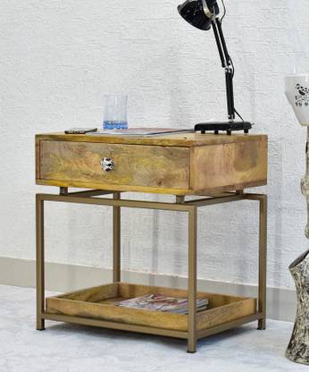SamDecors Solid Wood One Drawer with Tray at Bottom Eve Side/Bedside Table Rustic/Distressed White with Golden Finish Iron Frame Solid Wood Side Table