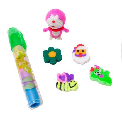 Feel alive Set of 6 Pen Style Green Eraser and Doraemon Cartoon Non-Toxic Erasers Non-Toxic Eraser