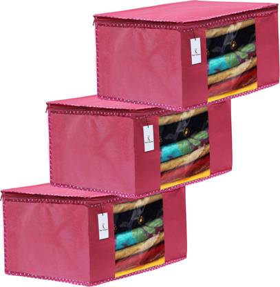 KUBER INDUSTRIES Saree Cover Designer 3 Piece Non Woven Fabric Saree Cover Set with Transparent Window, Extra Large, Pink-CTKTC31872 CTKTC031872