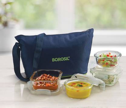 BOROSIL present Round 2 & Square 2 Glass Container with microwave safe, leak proof Daisy 4 Containers Lunch Box