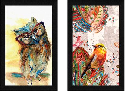 ArtX Owl And Sparrow Birds Set of 2 Framed Wall Paintings For Home Decorative Ink 13 inch x 8.5 inch Painting