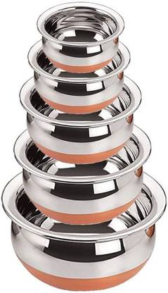 eppyz Copper Bottom Handi Pot 5 Piece Set/Steel Handi Set 5 Piece Set Handi Handi 2.1 L, 1.6 L, 1.1 L, 0.8 L, 0.5 L