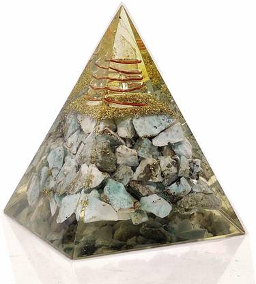 Orgonite Shop Nubian Pyramid Handmade Geometric Orgonite Pyramid Made with Larimar, Crystal Quartz, Gold Foil Decorative Showpiece  -  6 cm