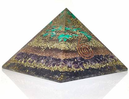 Orgonite Shop Handmade Geometric Pyramid Made with Amethyst, Malachite Stone, Gold Foil Decorative Showpiece  -  6 cm