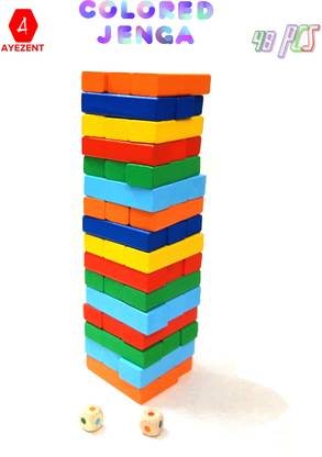 Ayezent Colored Jenga Tumbling Tower Wooden Blocks, 48 Pieces Block Stacking Game