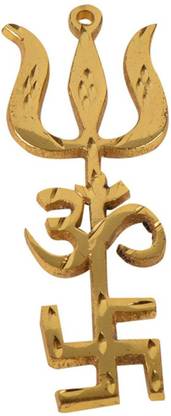 Shree Poojan Trishakti Yantra Swastik Om Trishul Big Metal Wall Hanging Brass Yantra