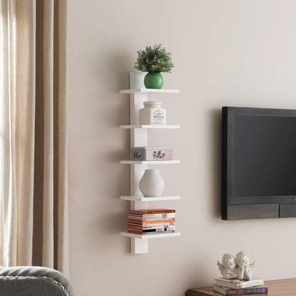 Hubwooden Good Floating Utility Column Spine Wall Shelving Unit for Small Spaces Rack Shelves/Shelf High Quality Wooden Home Decor Wall Shelf MDF Wall Shelf (Number of Shelves - 5, White ) Wooden Wall Shelf
