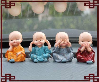 SmsTraders Car Dashboard Accessories Set of 4 Handcrafted Miniature Decorative Buddha Monk Figurines Showpiece for car,Home+(Car Dustbin 100% Free) Decorative Showpiece  -  5 cm