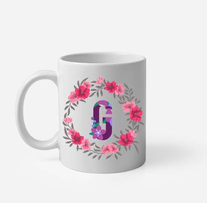 ExpressC Beautiful Floral Printed Letter "G" inside floral circular shaped printed design Porcelain, Bone China Coffee Mug