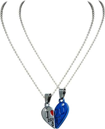 वामा ज्वेल्स I Love You Silver & Blue 2 in 1 Heart Shape Couple Pendant with Chain for Boys & Girls Silver पीतल पेंडेंट सेट