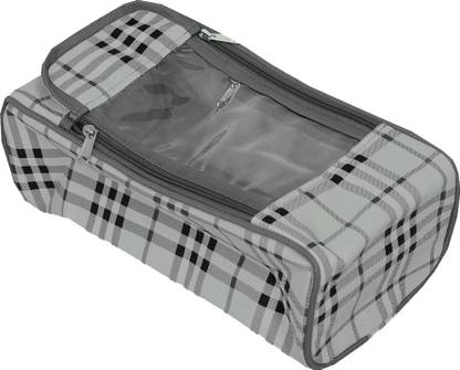 KUBER INDUSTRIES Rexin Checked Design 2 Pieces Shoe Cover Travelling Storage Bag/Shaving Kit Storage Footwear Organiser Pouch Shoe Bag With Pocket (Grey) - CTKTC30967 Travel Toiletry Kit