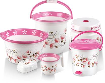 JOYO Better Home Bathroom set 6 pcs (Printed) pink color 16 L Polypropylene Bucket