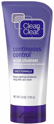 Clean & Clear Continuous Control Benzoyl Peroxide Acne  with 10% Benzoyl Peroxide Acne Treatment, Daily Facial Cleanser Face Wash