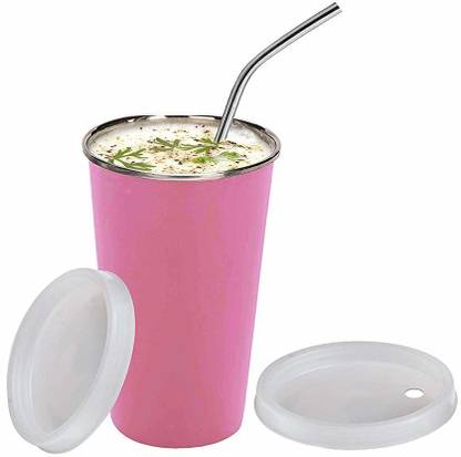 Kitchen King Falcon Stainless Steel Glass with Straw and Lid Plus Extra Travel Lid Glass Water/Juice Glass