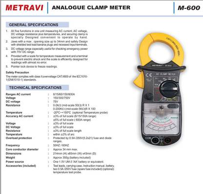 Metravi M-600 Analogue Clamp Meter Analog Multimeter