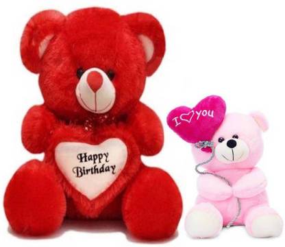 TEDDYIA 2 Feet Cute Red Teddy Bear with Happy birthday Heart & 24Cm Cute Pink I Love You Balloon Teddy Bear  - 60 cm