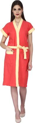Bay Leaf Red, Yellow Free Size Bath Robe