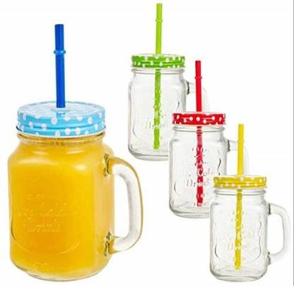 bmg import export (Pack of 4) 400 ml mason glass jars mug with handle (set of 4) Glass Set Water/Juice Glass