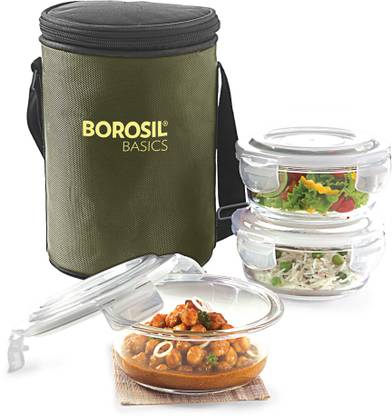 Borosil Basics Basics Lunch Box with Bag, 3 Pc (400 ml x 3), Round Office Tiffin 3 Containers Lunch Box