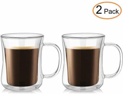 P-PLUS INTERNATIONAL Borosilicate Glass Glass Cups Pack of 2 420ml P23 ,Double Wall Glasss, Coffees or Tea Cups, Heat Resistance Glass Coffee Mug