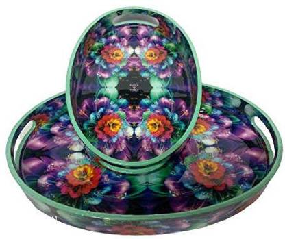A Square Creations Square Creations Wooden Oval Shape Tray Multi Colour Print (Set of 2) Tray