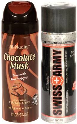 Al Nuaim Chocolate Musk & Swiss Army No Alcohol Deo Deodorant Spray  -  For Men