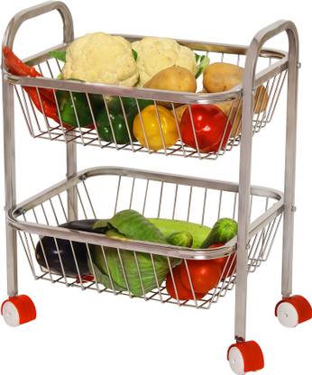 PARASNATH Mirror Finish 2 Shelf Square Vegetable and Fruit Trolley Made in India Steel Kitchen Trolley